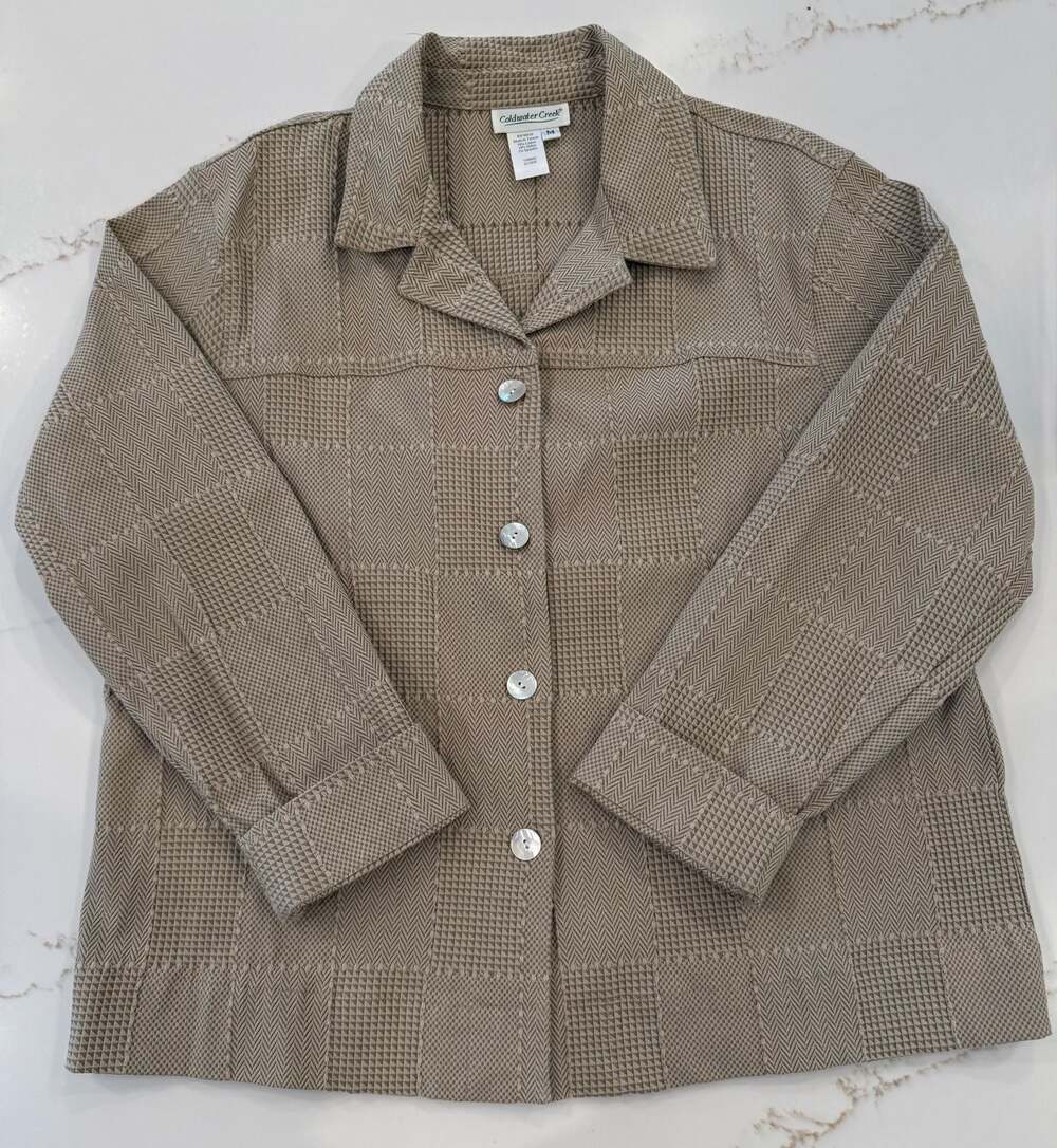 Coldwater Creek Textured Herringbone Waffle Knit Button-Up Jacket Tan Size M
